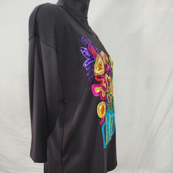 Vtg Victoria Harbour Medium Sequin Embellished Black 3/4 Sleeve Floral Shirt Top - Picture 8 of 11